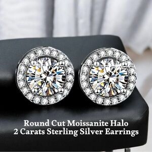 Gorgeous Round Cut Halo Moissanite 2 Carats Stud Sterling Silver Earrings